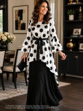 EY Boutique NWT Polka Dot Maxi Dress 20W Black White Satin Hi Low Bell Sleeve